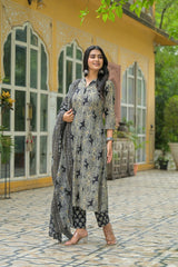 Zohra blue bloom cotton suit set with mul cotton dupatta