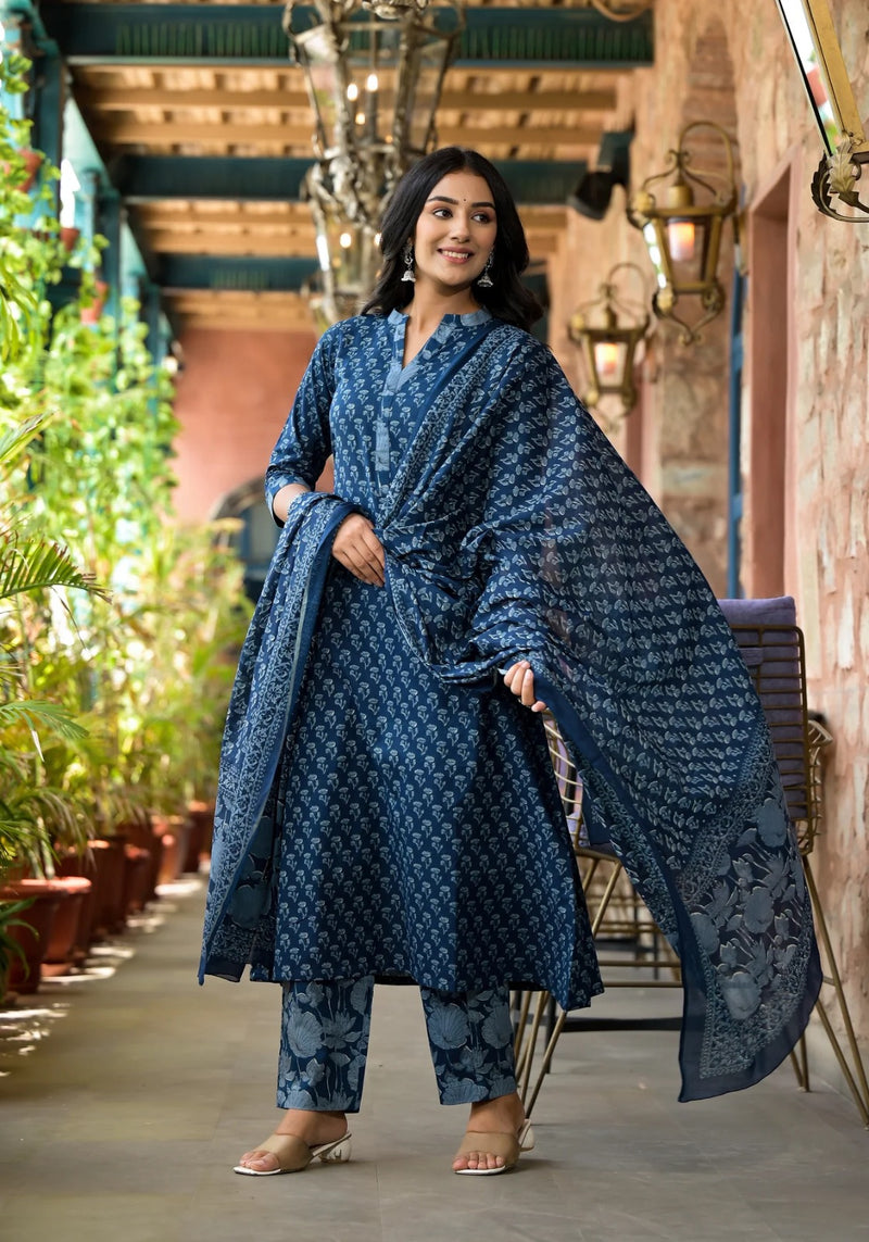 Merry black cotton suit set with mul cotton dupatta