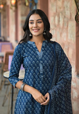 Merry black cotton suit set with mul cotton dupatta