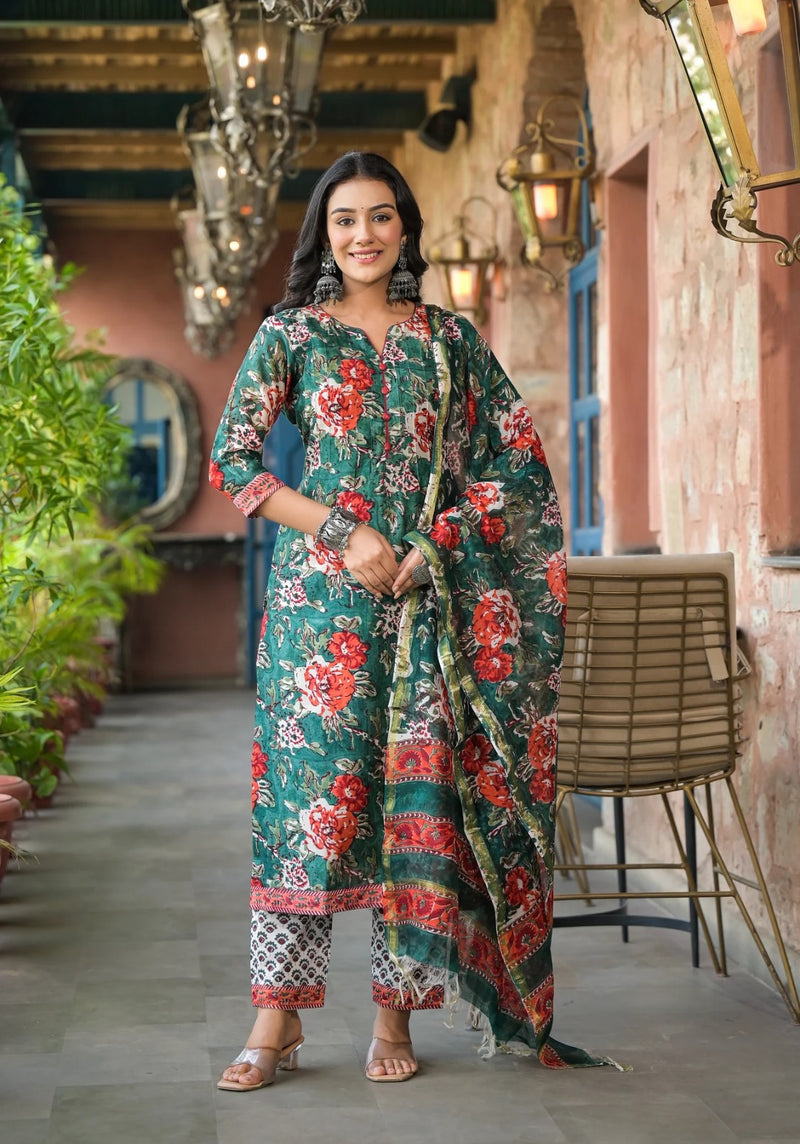 Falak Chintz block Print Pintuck Chanderi Suit Set