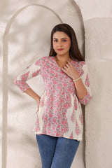 Flora white floral cotton short kurta