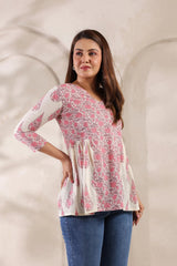 Flora white floral cotton short kurta