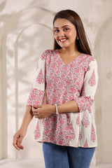 Flora white floral cotton short kurta