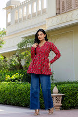 Rosso White Handblock Printed Short Kurta