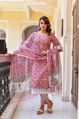 Rosy Pink Floral Suit set with Kotadoria Dupatta