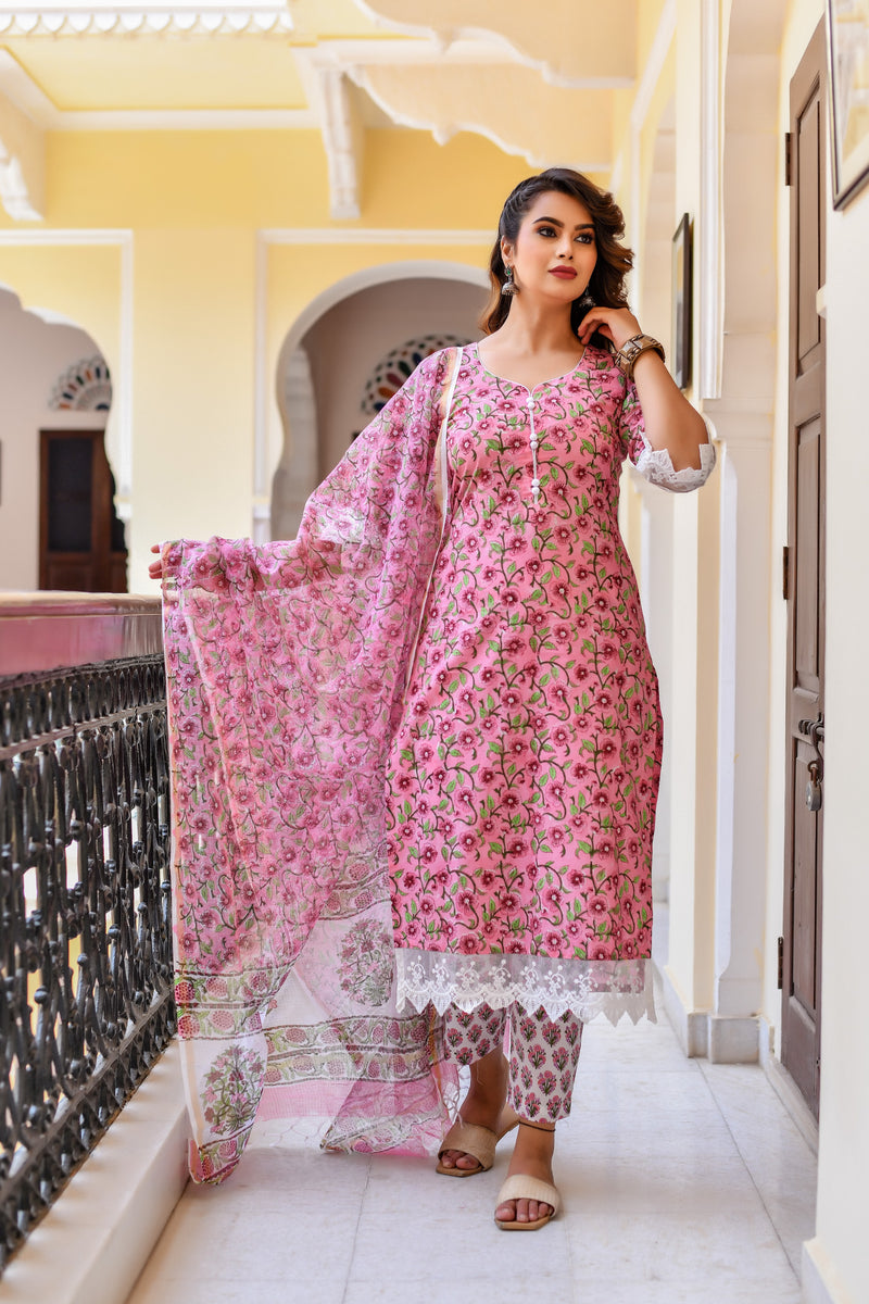 Rosy Pink Floral Suit set with Kotadoria Dupatta
