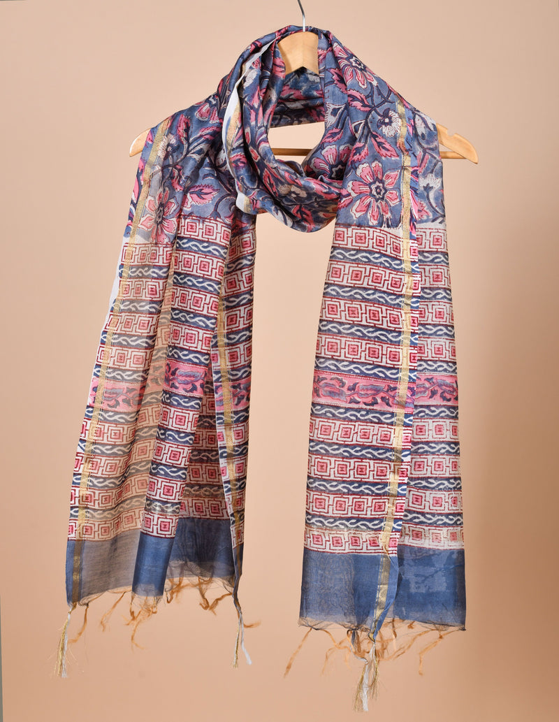 Poetic Purple Floral Handblock Chanderi Silk Dupatta