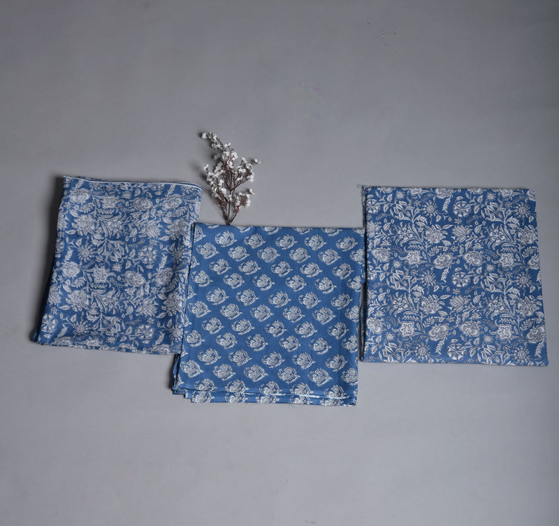 Azure Floral Cotton Unstitched Suit Set With Cotton Dupatta