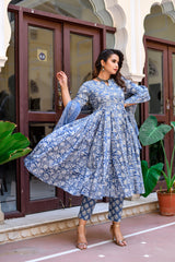 Classic Azure Floral Anarkali Cotton Suit set
