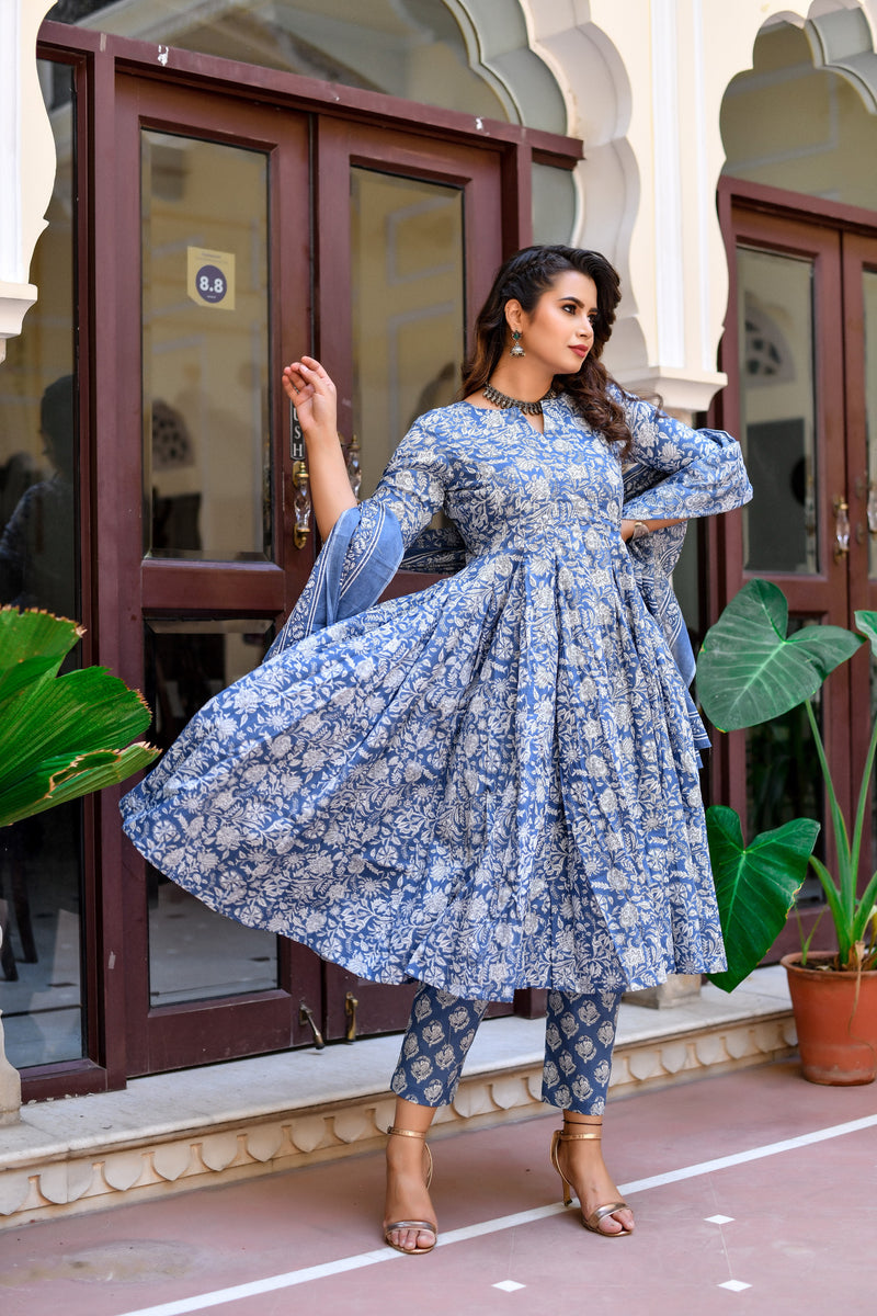 Classic Azure Floral Anarkali Cotton Suit set