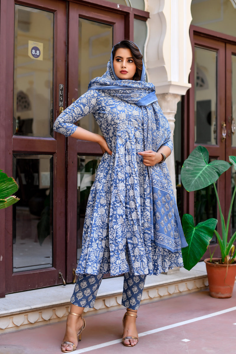 Classic Azure Floral Anarkali Cotton Suit set