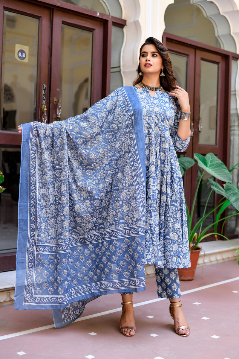 Classic Azure Floral Anarkali Cotton Suit set