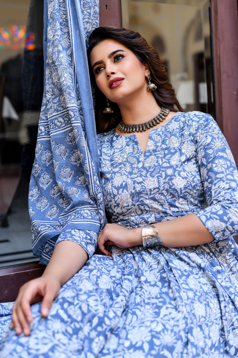 Classic Azure Floral Anarkali Cotton Suit set