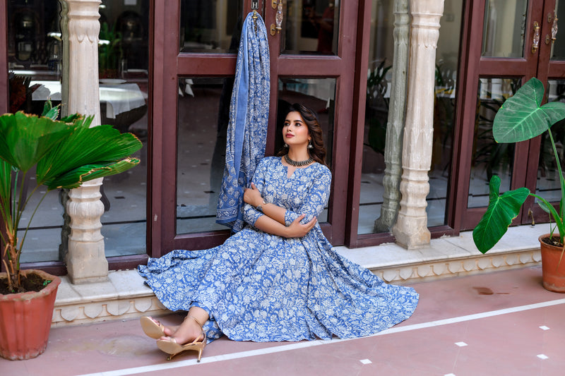 Classic Azure Floral Anarkali Cotton Suit set
