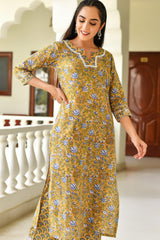 Mustard Treasure Mul Handblock Fabric (WIDTH 44 INCHES)