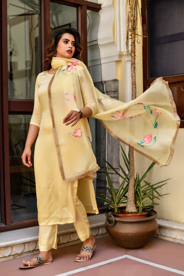 Yellow Blossom Silk Suit Set With Handpainted Dupatta