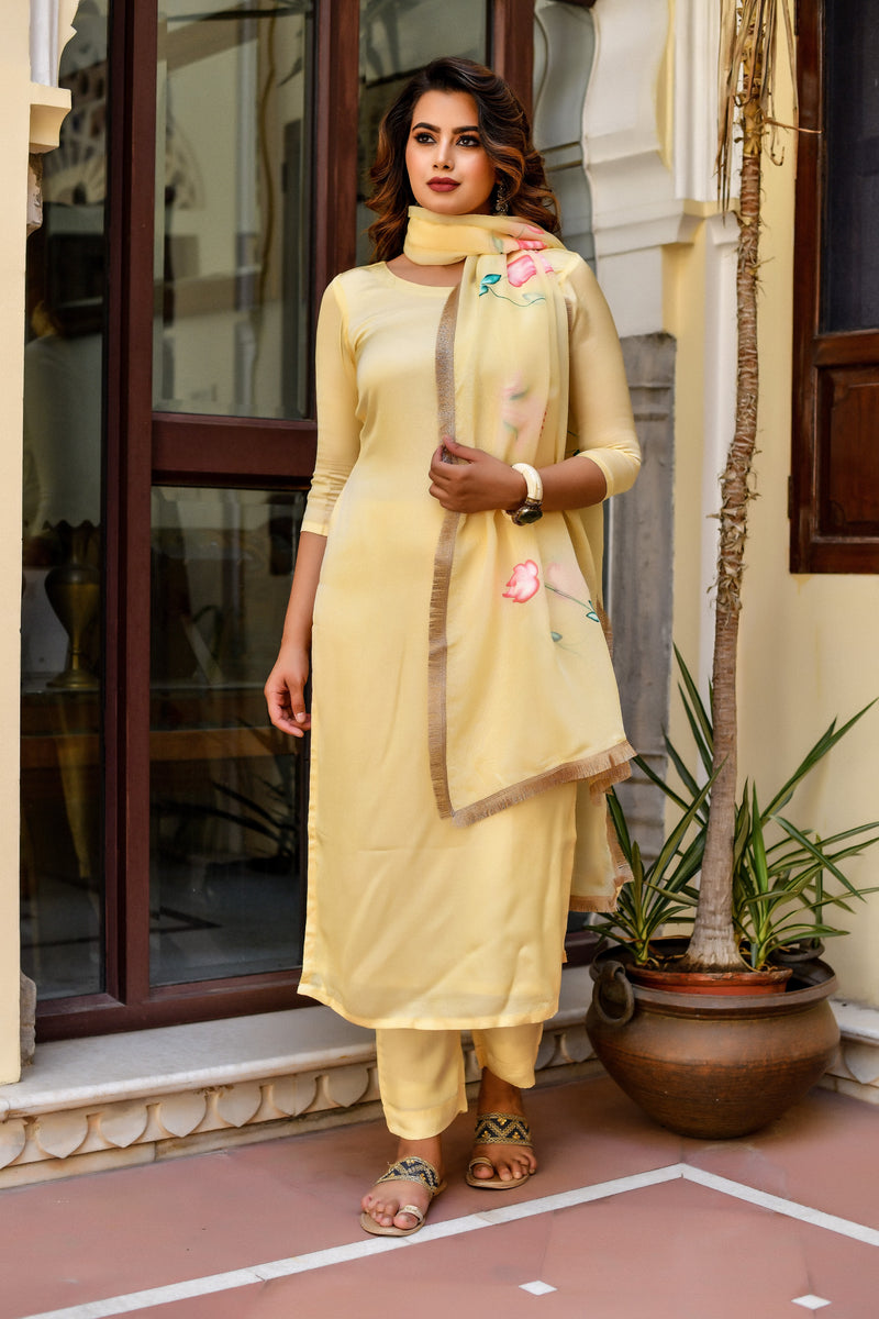 Yellow Blossom Silk Suit Set With Handpainted Dupatta