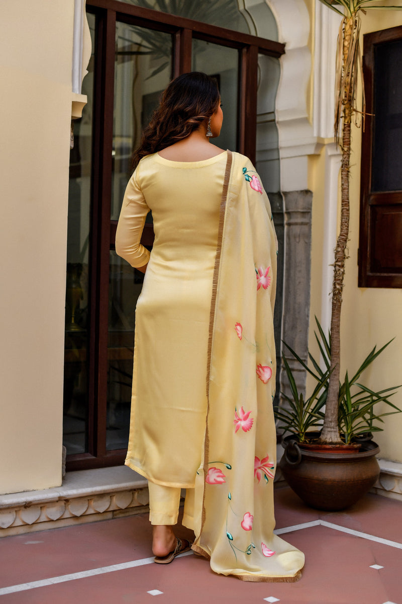 Yellow Blossom Silk Suit Set With Handpainted Dupatta