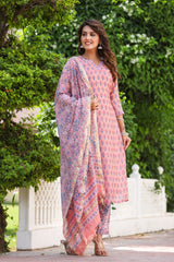 Pink Love Handblock Chanderi Silk suit set