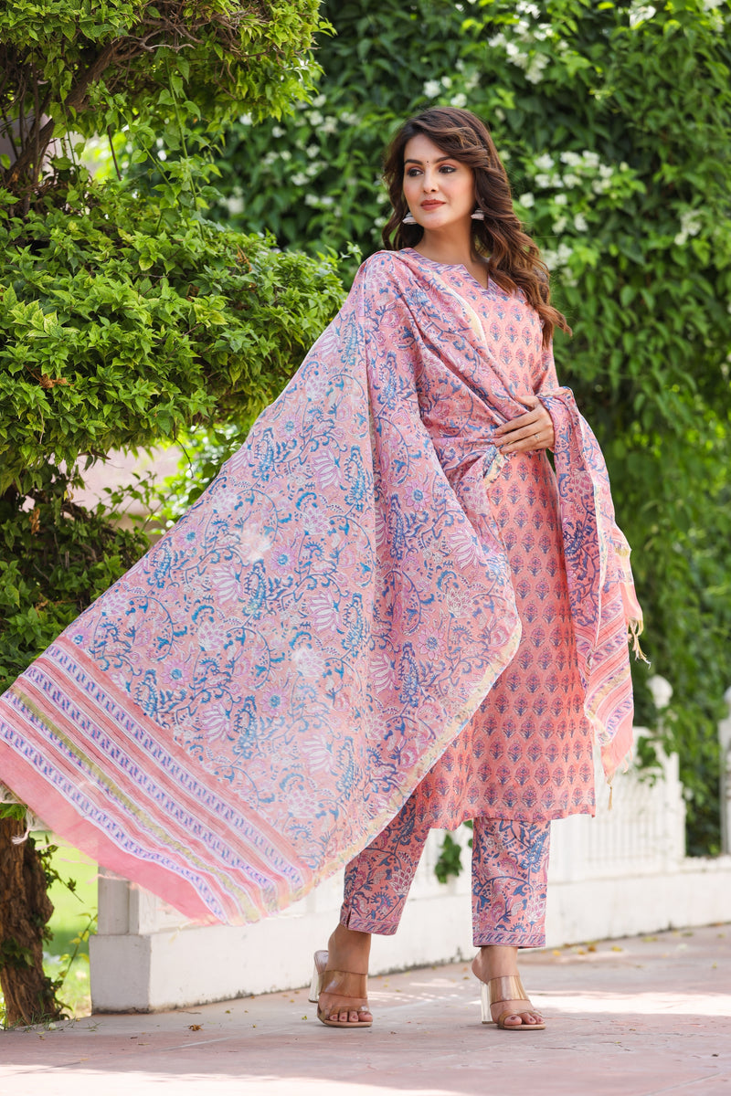 Pink Love Handblock Chanderi Silk suit set