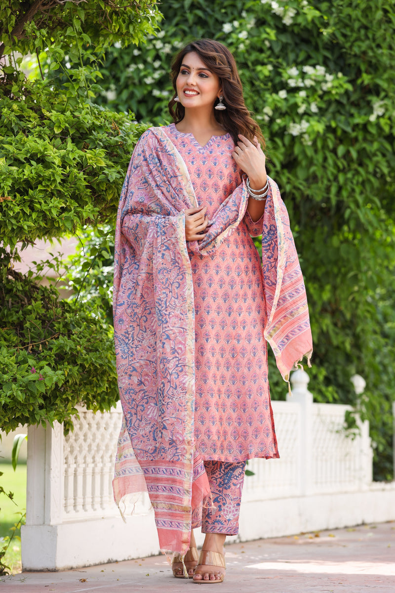 Pink Love Handblock Chanderi Silk suit set