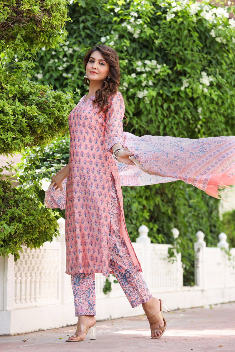 Pink Love Handblock Chanderi Silk suit set