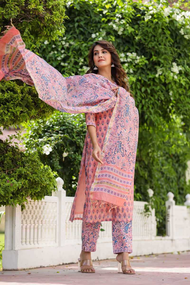 Pink Love Handblock Chanderi Silk suit set