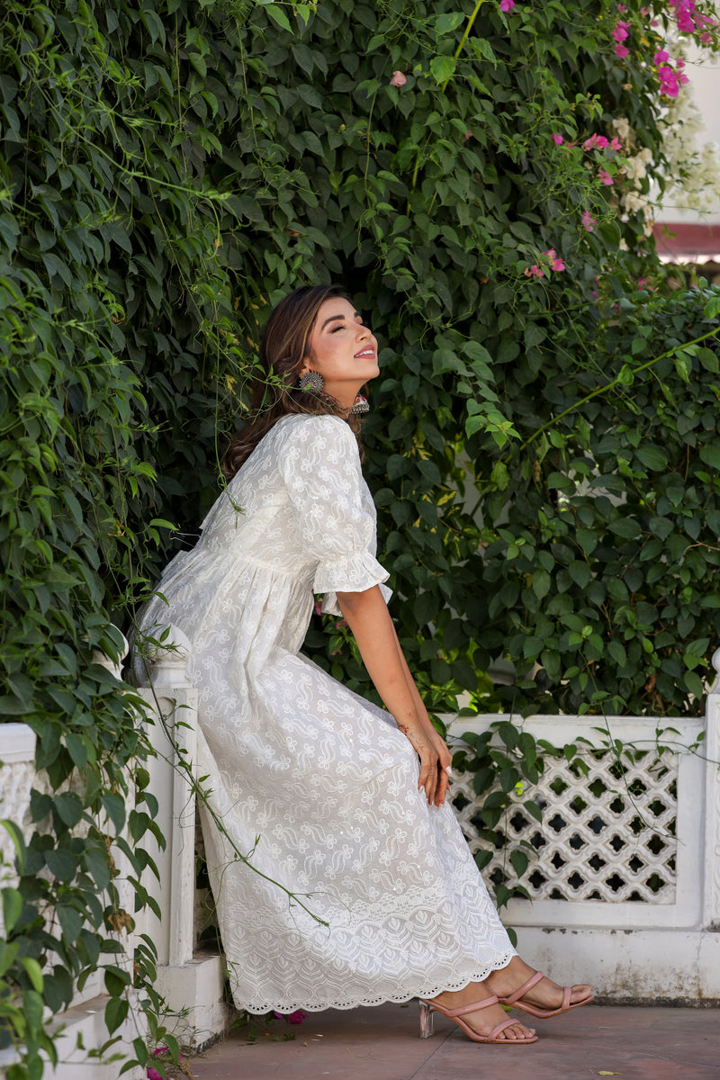 Pure White Embroidered Mixi Dress