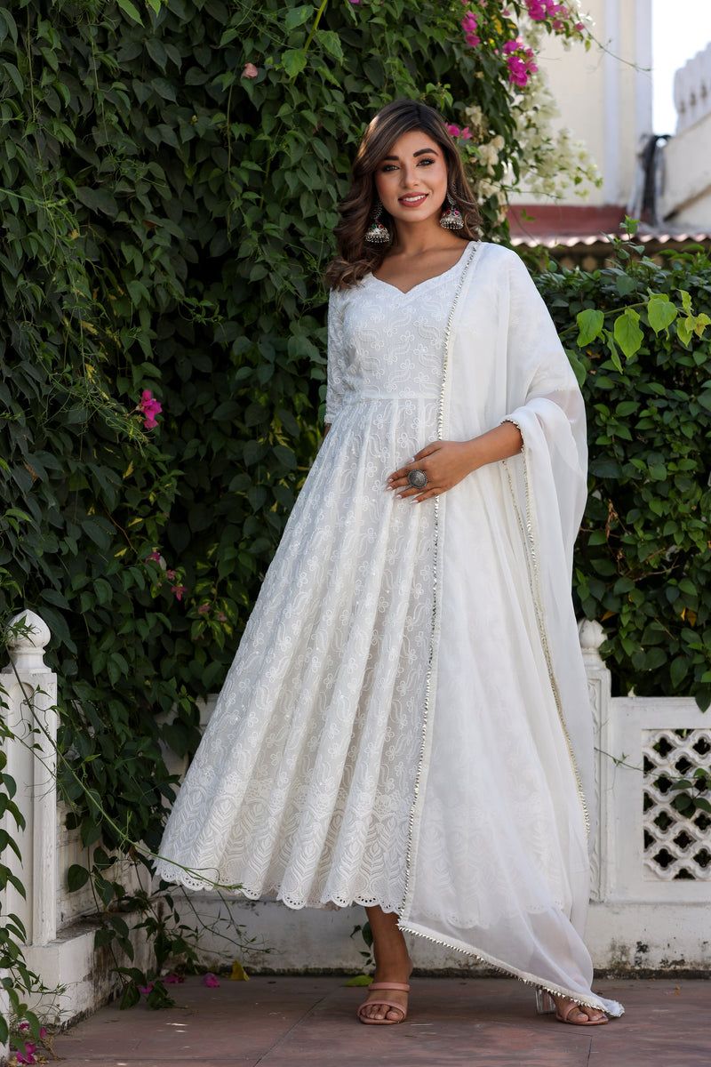 Noble White Anarkali Embroidered Suit Set