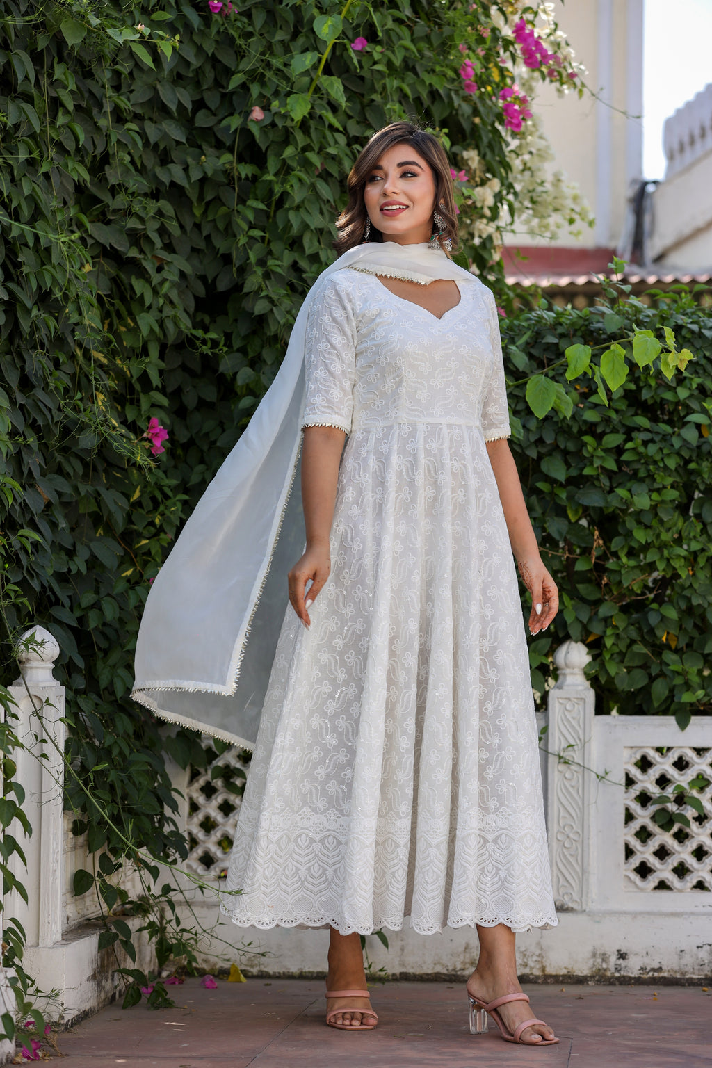 Green & White Bandhani Printed Flared Anarkali Kurti