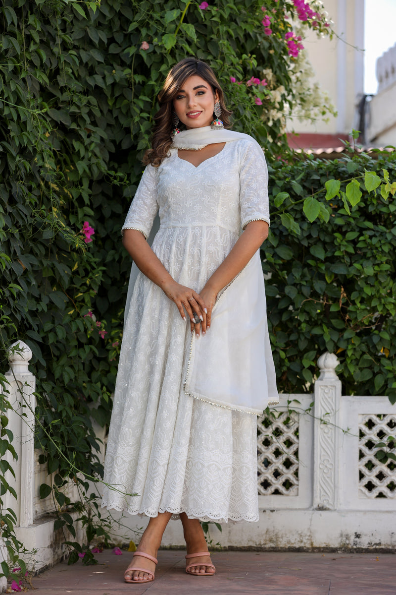 Noble White Anarkali Embroidered Suit Set