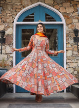 Mosaic Orange Anarkali Organza Dupatta Dress