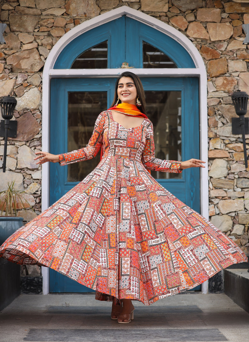 Mosaic Orange Anarkali Organza Dupatta Dress