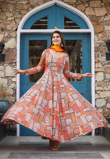 Mosaic Orange Anarkali Organza Dupatta Dress