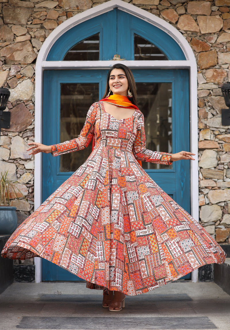 Mosaic Orange Anarkali Organza Dupatta Dress