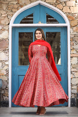 Red Fantasy Anarkali Gher Organza Dupatta Dress