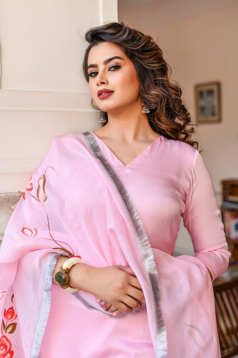 Blush Pink Handpainted Silk Suit Set