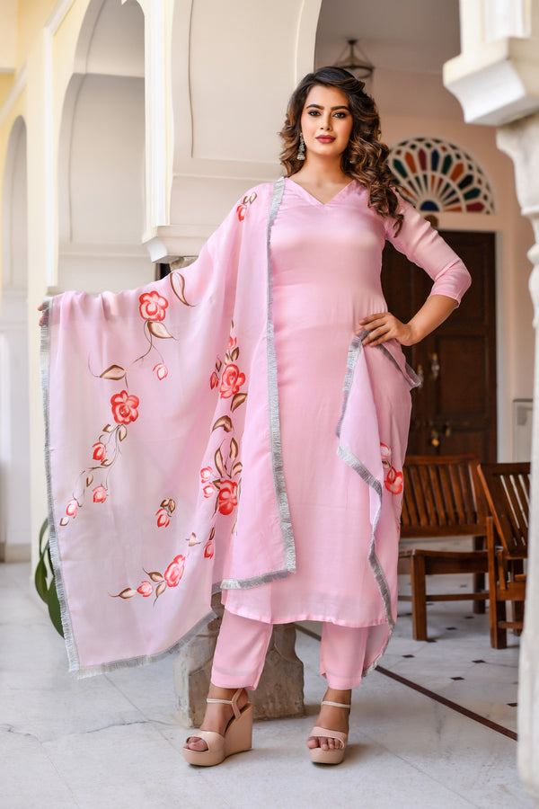 Blush Pink Handpainted Silk Suit Set