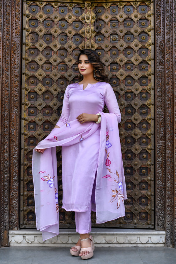 Power Purple Handpainted Silk Suit Set