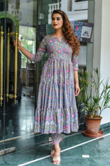 FLARED ETHNIC FLORAL HANDBLOCK KURTA AND PANT ONLY