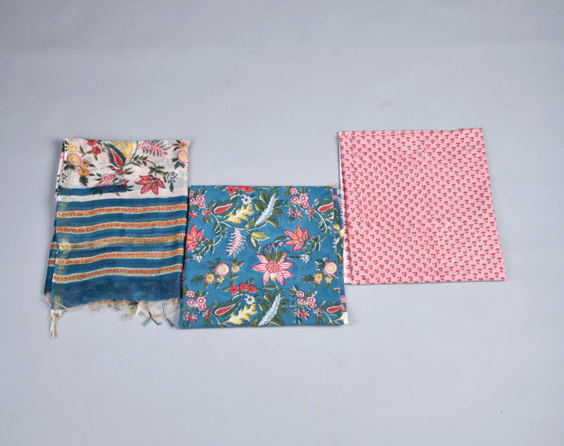 Multicolored Floral Handblock Printed Unstitched Suit Set