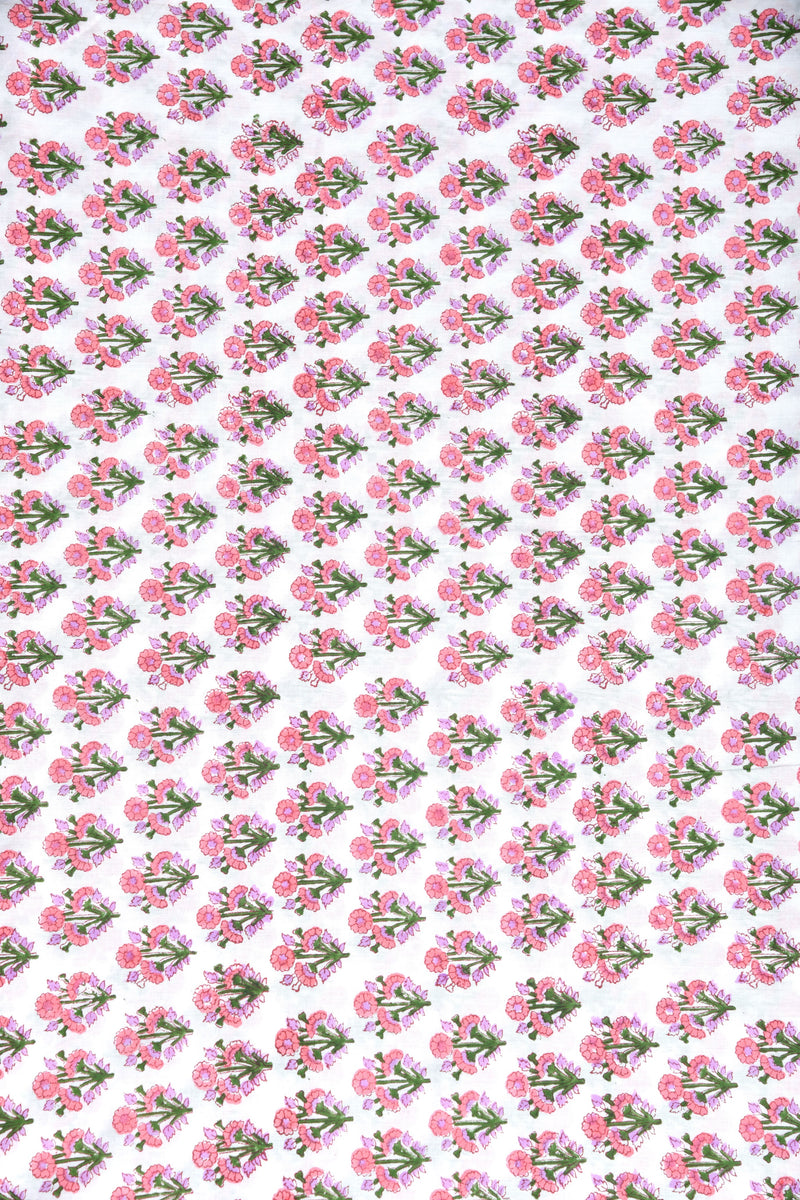 Rosy Pink Floral Mul Handblock Fabric (WIDTH 44 INCHES)