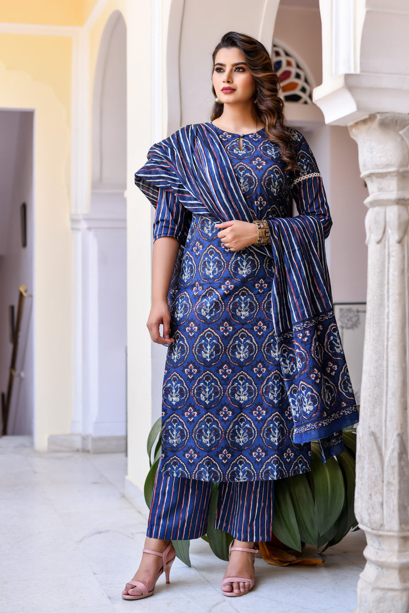 Blue Jaipuri Print Suit Set