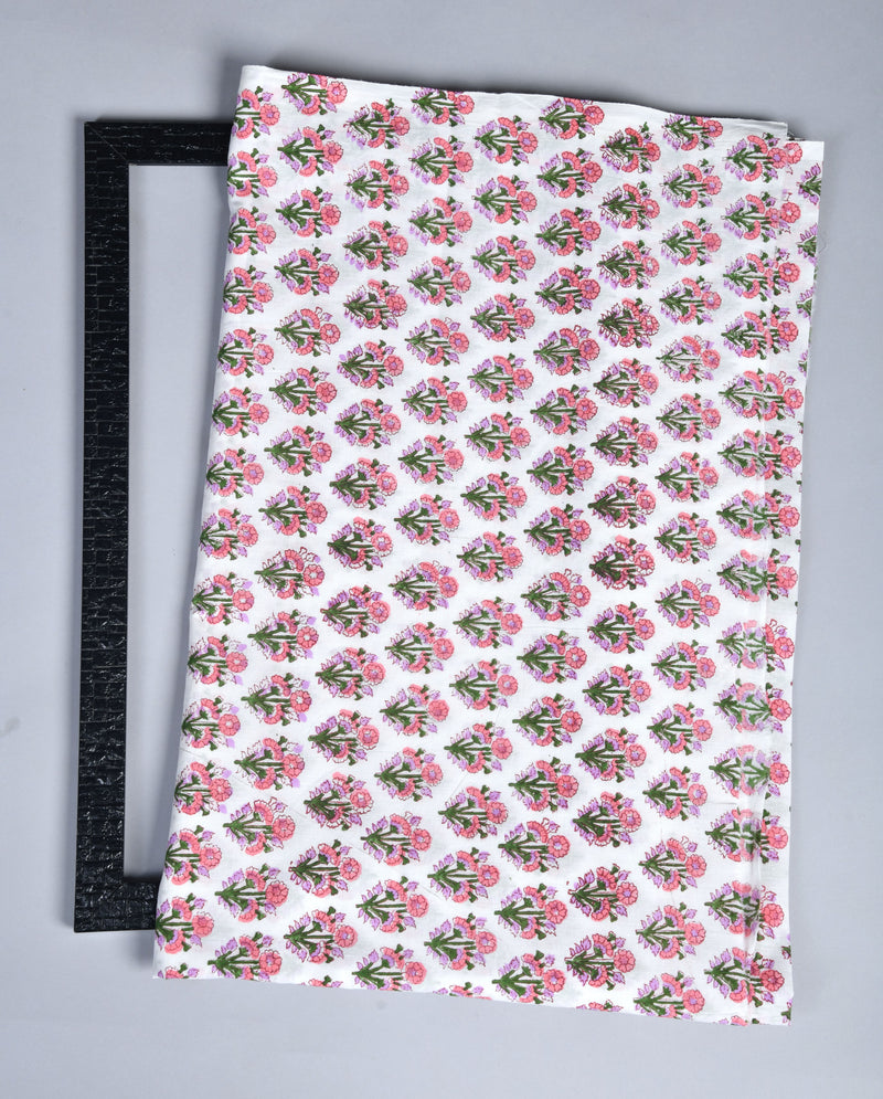 Rosy Pink Floral Mul Handblock Fabric (WIDTH 44 INCHES)