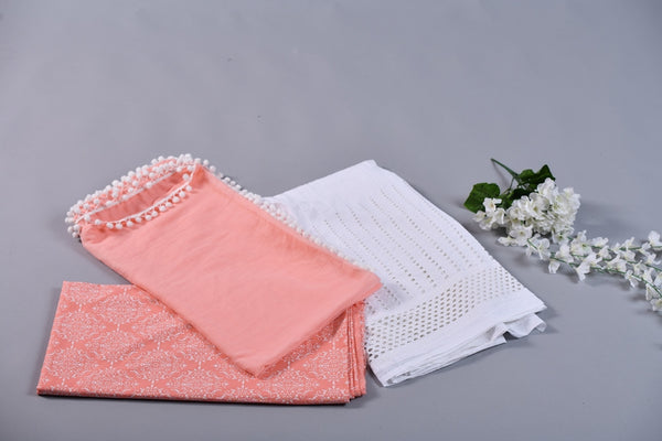 Peach and White Printed Kurta & White Pant Unstitched Suit Set