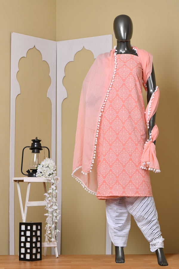 Peach and White Printed Kurta & White Pant Unstitched Suit Set