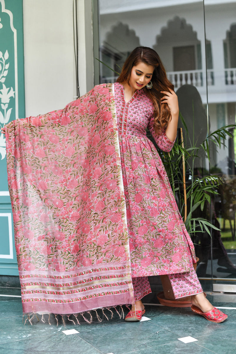 Pink Glory Floral Handblock Anarkali Suit Set