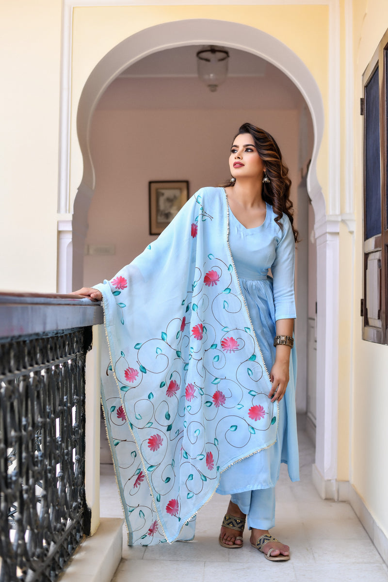 Dilruba Handpainted Silk Suit Set