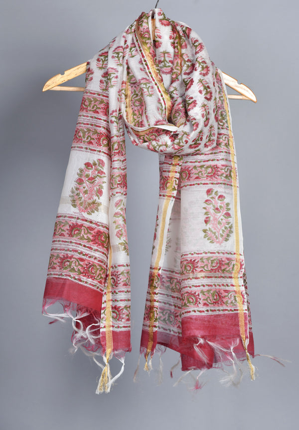 White and Red Handblock Chanderi Silk Dupatta