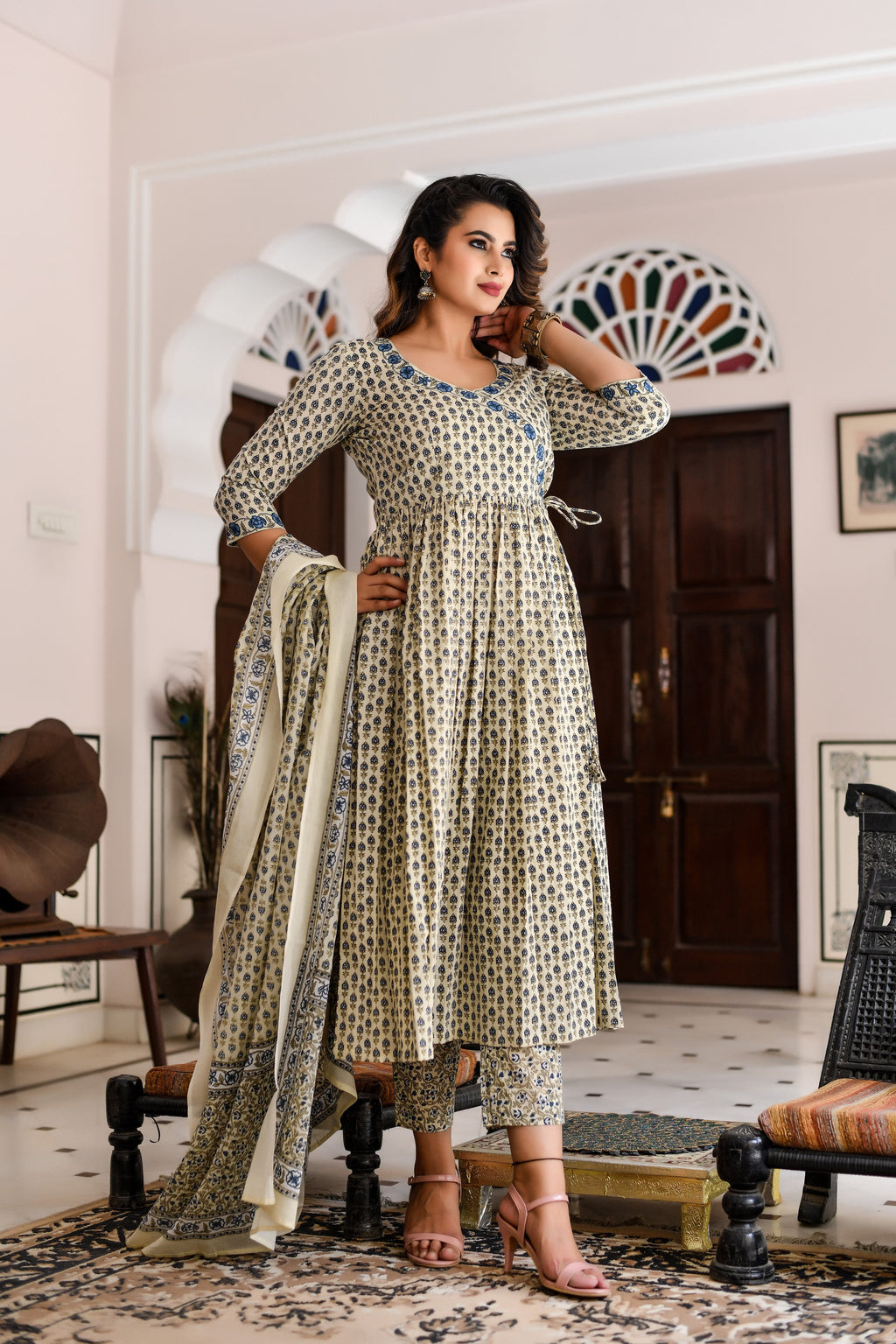 Beige Angrakha Style Suit Set - Buy Online